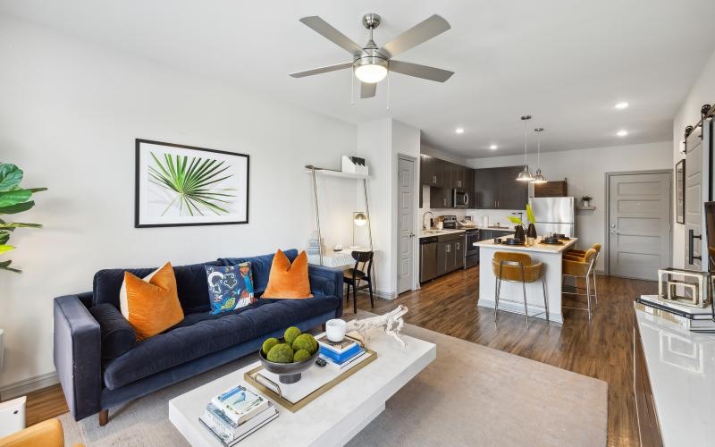a living room with a couch and a coffee table