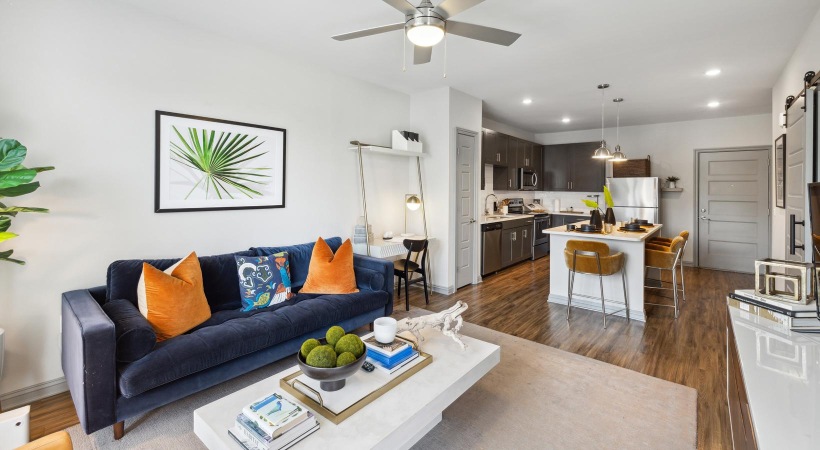 a living room with a couch and a coffee table